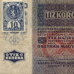 10 K bankovka Rakousko-uherské banky s kolkem, avers (1915, 1919)