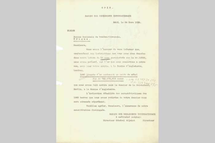 Telegram BIS ohledně převodu zlata (1939)