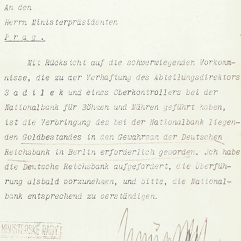Rozhodnutí říšského protektora K. von Neuratha o odvezení zlata z NBČM (1940)