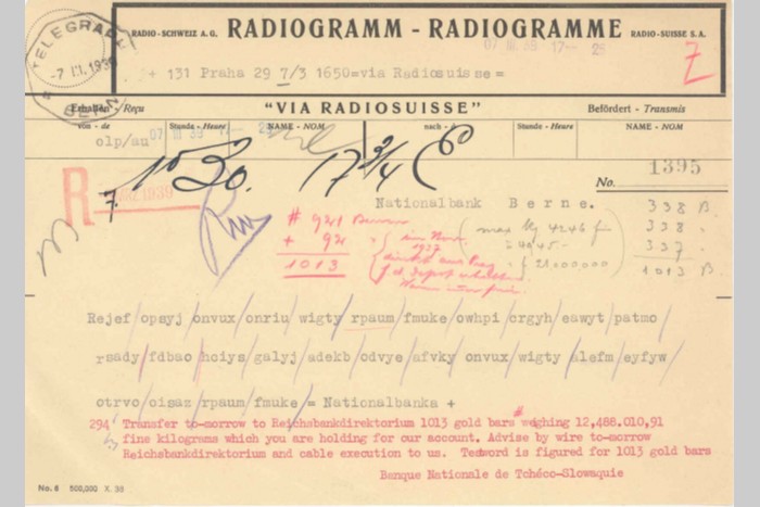 Potvrzení o převodu zlata NBČ na Říšskou banku (1939)