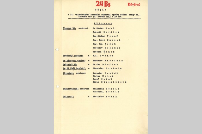 Zápis z mimořádného zasedání bankovní správy SBČS v předvečer peněžní reformy (1953)