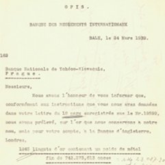 Telegram BIS ohledně převodu zlata (1939)