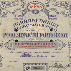 Pokladniční poukázka Agrární banky Československé na 10'000 Kčs (1929)